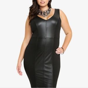 Plus Size Faux Leather block, bodycon midi dress